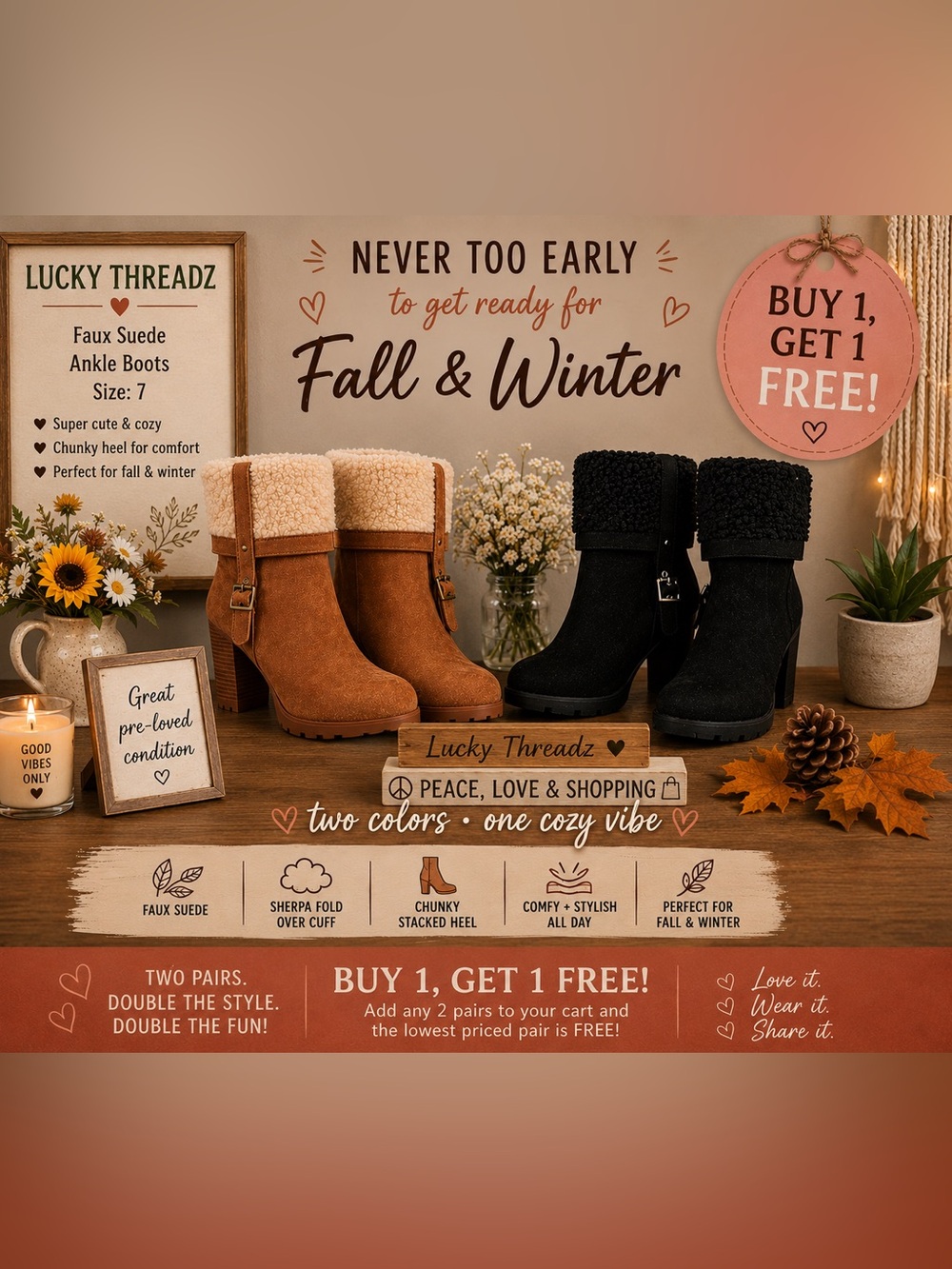 Faux Sherpa Heeled Booties - Tan and Black